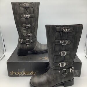 ShoeDazzle Sable Distressed Black Buckle Accent Knee High Boots Womens Size 10